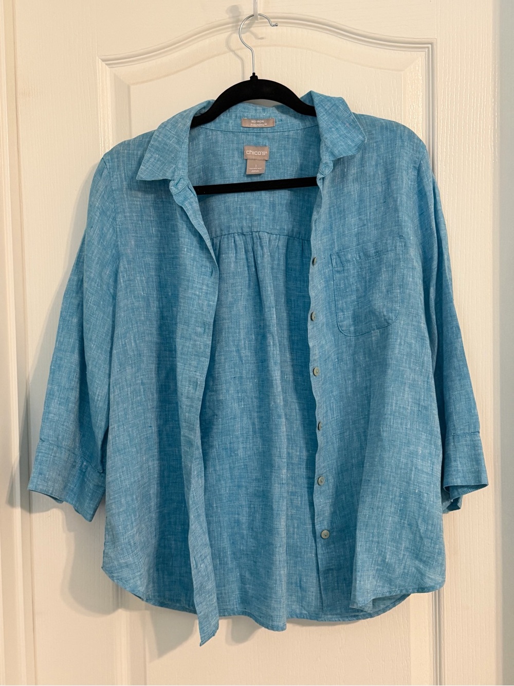 Chico's Teal Blue 100% Linen Quiet Luxury Button Down Shirt Sz 1 (US 8-10)